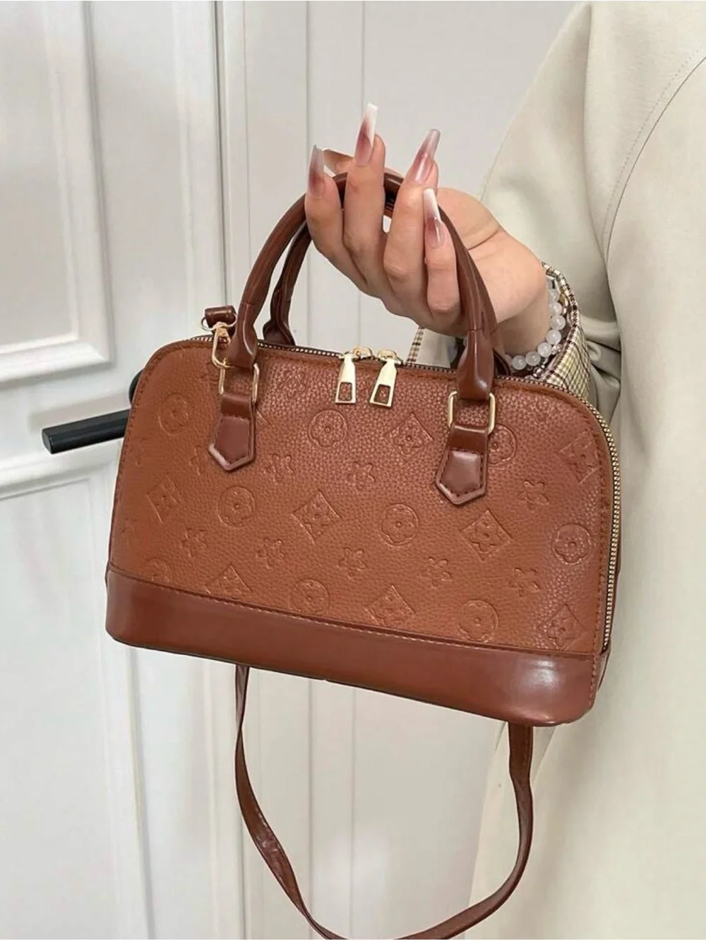 Brown Embossed Top-Handle Women's Medium Handbag Bag
